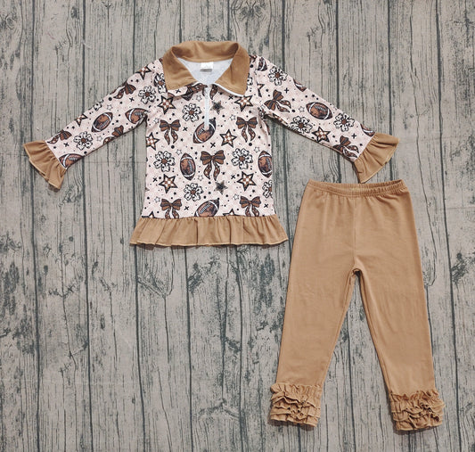 GLP2690 Rugby Flower Star Bows Zipper Collar Long Sleeve Pants Girls Set 202509 RTS