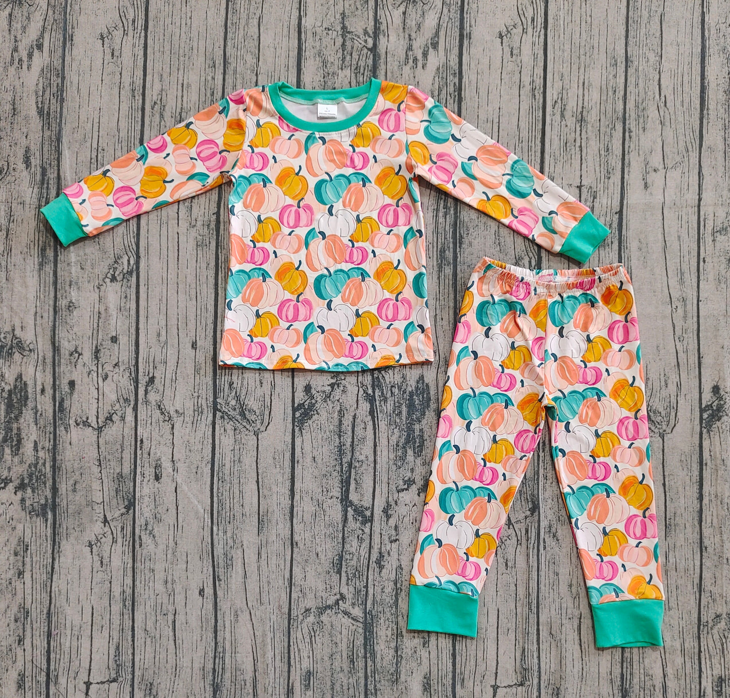 Preorder GLP2691 Pumpkin Orange Green Long Sleeve Pants Girls Pajamas Set 202508