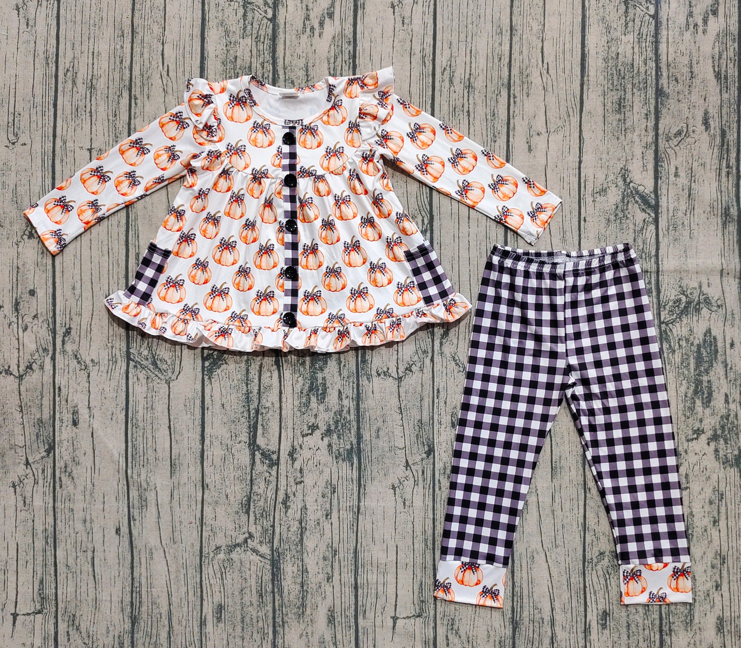 Preorder GLP2692 Pumpkin Orange Long Sleeve Black Plaid Pants Girls Set 202508