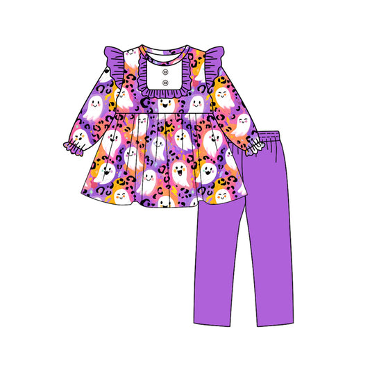 Preorder GLP2694 Halloween Ghost Leopard Purple Ruffle Long Sleeve Pants Girls Set 202508