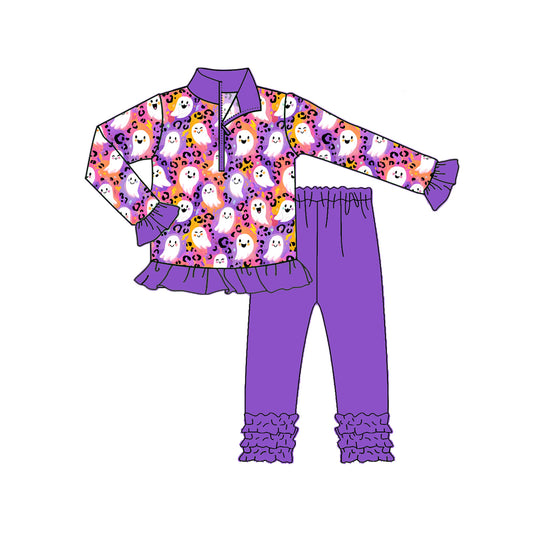 Preorder GLP2695 Halloween Ghost Leopard Purple Ruffle Zippy Collar Long Sleeve Pants Girls Set 202508