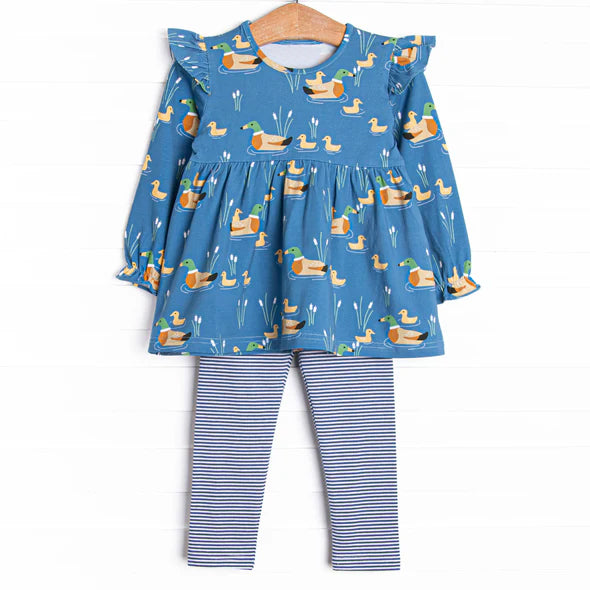 Preorder GLP2697 Duck Hunting Blue Ruffle Long Sleeve Stripe Pants Girls Set 202508