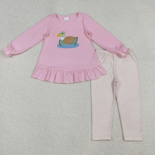 GLP2698 Embroidered Duck Pink Ruffle Long Sleeve Stripe Pants Girls Set 202510 RTS