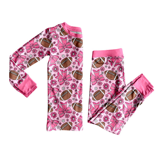 Preorder GLP2699 Flower Bows Rugby Rose Red Long Sleeve Pants Girls Pajamas Set 202508