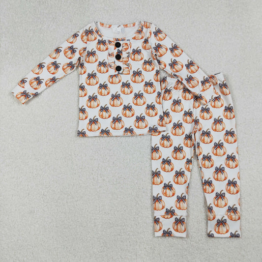 GLP2700 Pumpkin Bows White Long Sleeve Pants Girls Pajamas Set 202509 RTS