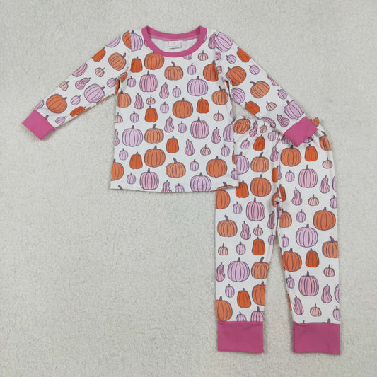 GLP2702 Pumpkin Pink White Long Sleeve Pants Girls Pajamas Set 202509 RTS