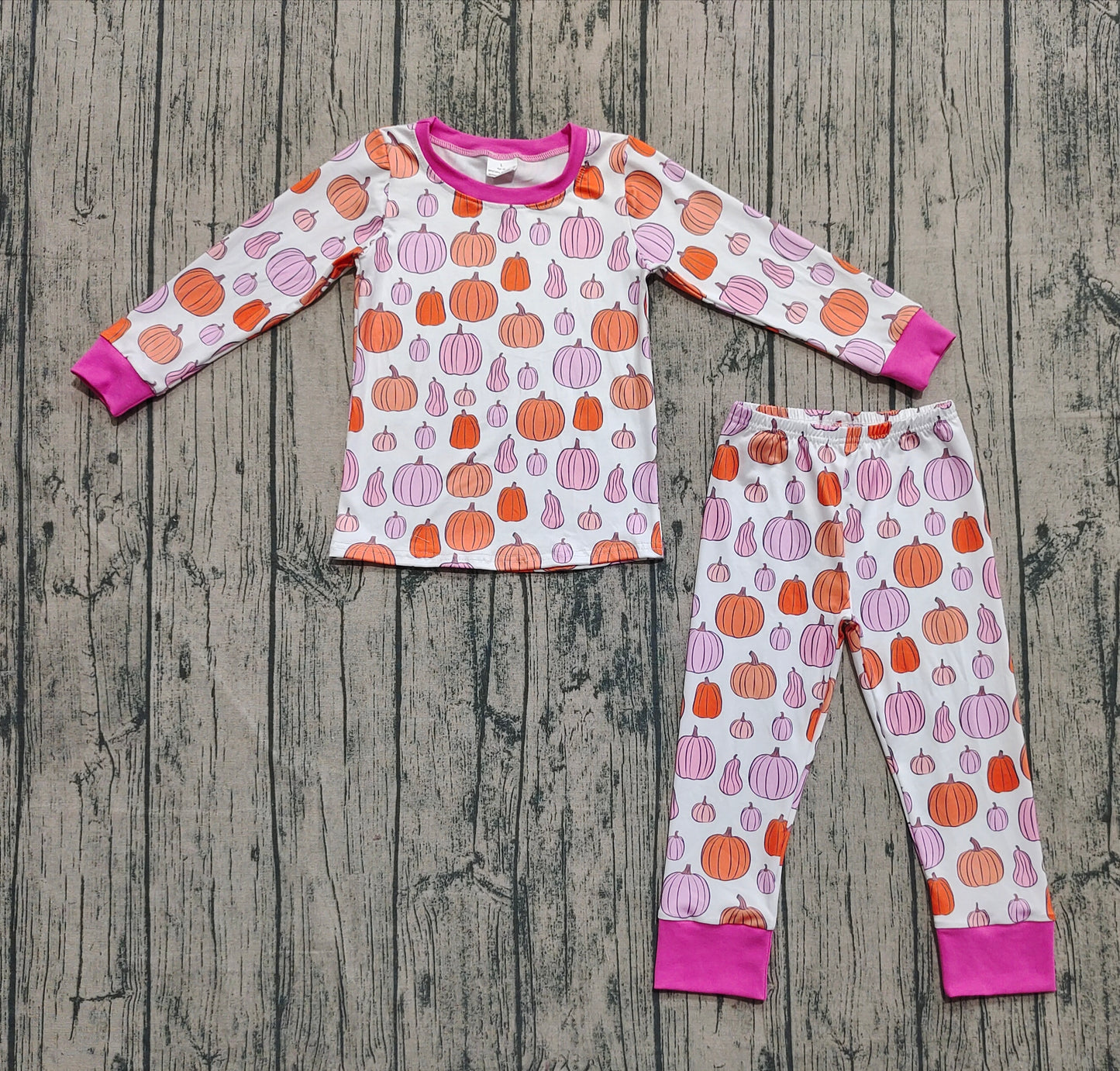 Preorder GLP2702 Pumpkin Pink White Long Sleeve Pants Girls Pajamas Set 202508