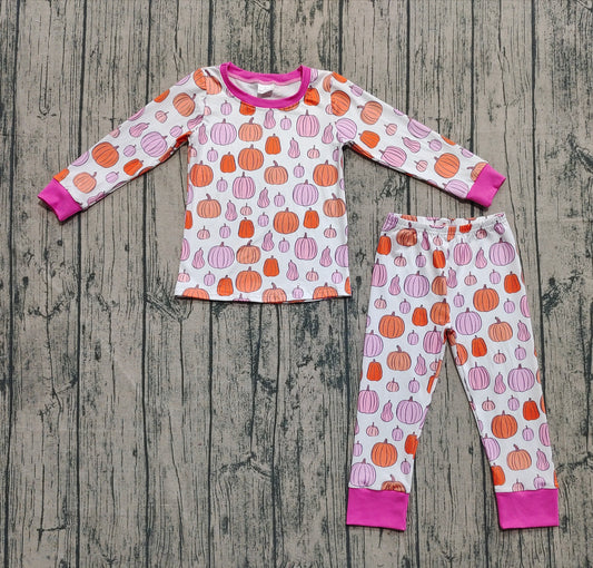 GLP2702 Pumpkin Pink White Long Sleeve Pants Girls Pajamas Set 202509 RTS