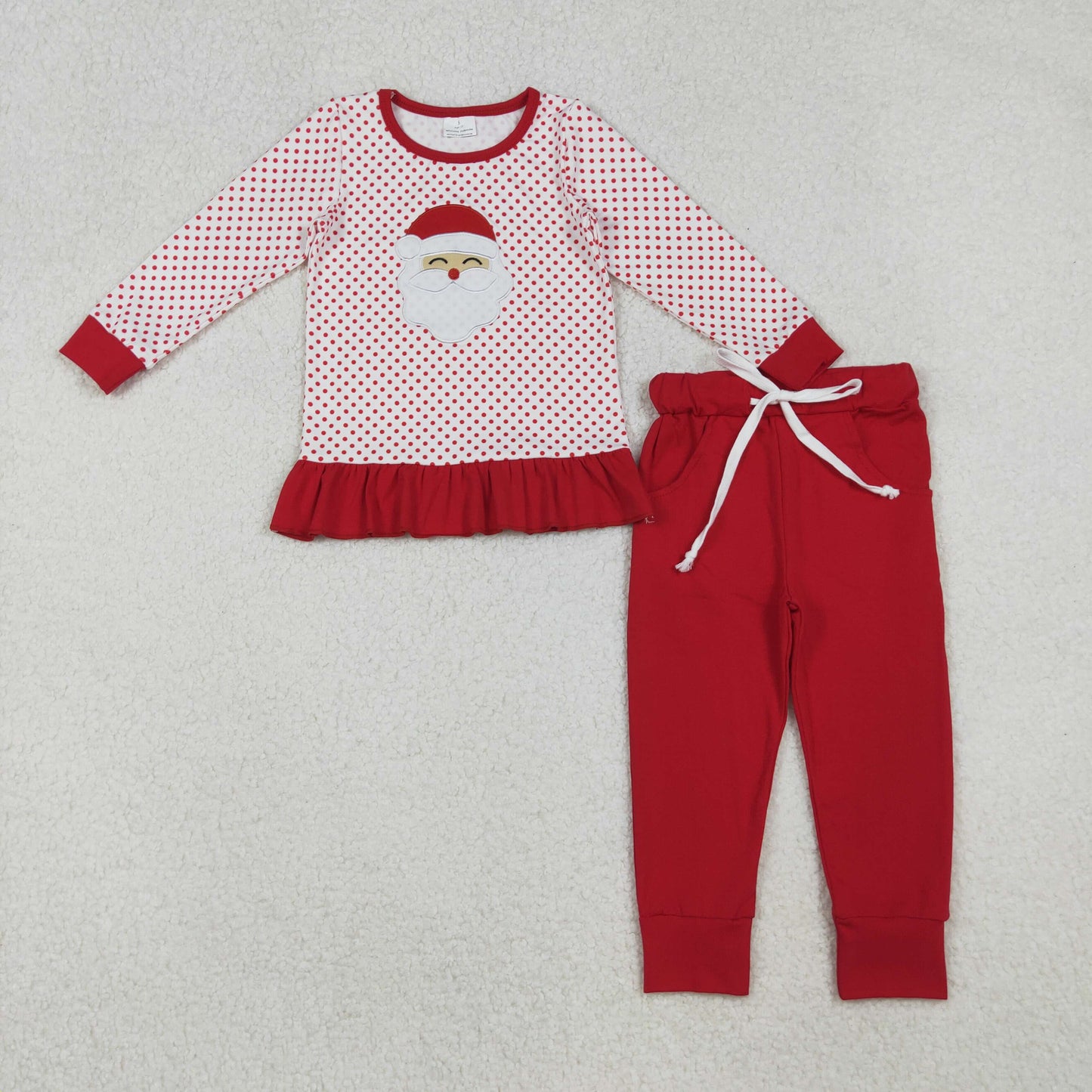 GLP2708 Embroidered Christmas Santa Claus Red Ruffle Long Sleeve Pants Girls Set 202510 RTS