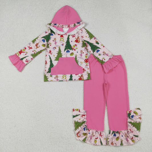 GLP2709-XS-3XL Christmas Grinch Pink Ruffle Hooded Long Sleeve Pants Girls Set 202510 RTS