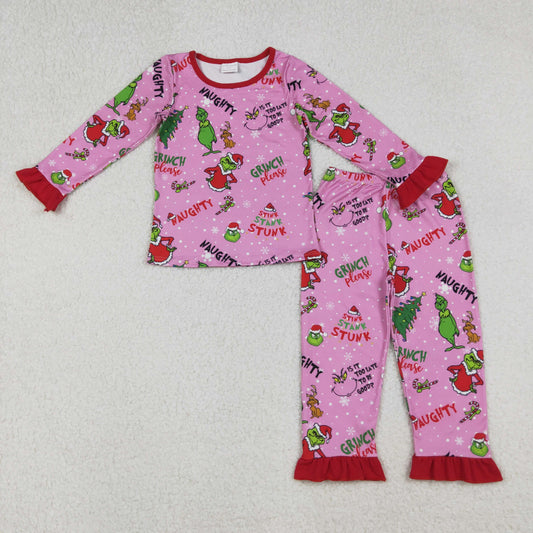 GLP2710 Christmas Grinch Pink Ruffle Long Sleeve Pants Girls Pajamas Set 202510 RTS