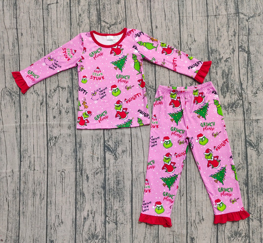 GLP2710 Christmas Grinch Pink Ruffle Long Sleeve Pants Girls Pajamas Set 202510 RTS