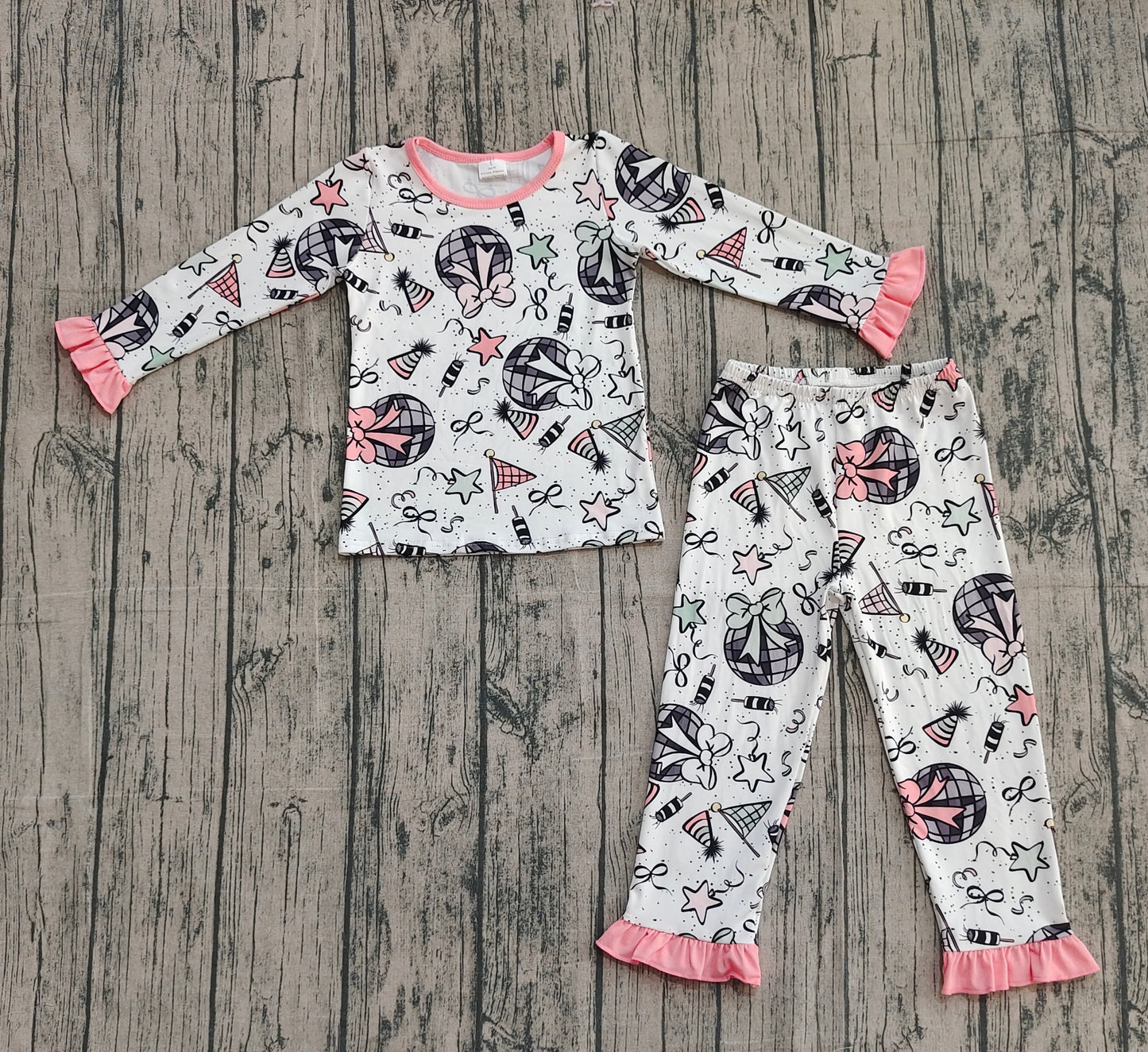 NO MOQ Preorder GLP2711-XS-3XL Happy New Year Ruffle Long Sleeve Pants Girls Pajamas Set 202509