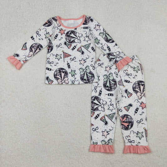 GLP2711-XS-3XL Happy New Year Ruffle Long Sleeve Pants Girls Pajamas Set 202510 RTS