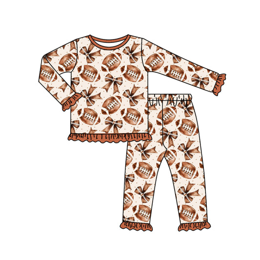 Preorder GLP2712 Rugby Ruffle Brown Long Sleeve Pants Girls Pajamas Set 202508