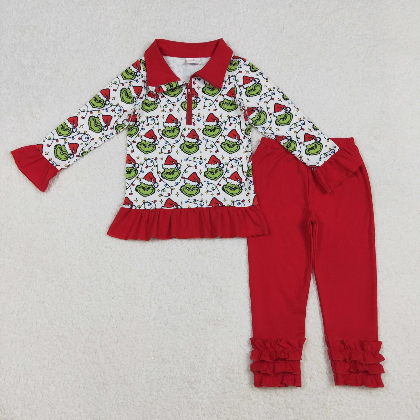 GLP2714-XS-3XL Christmas Grinch Red Ruffle Long Sleeve Pants Girls Set 202510 RTS