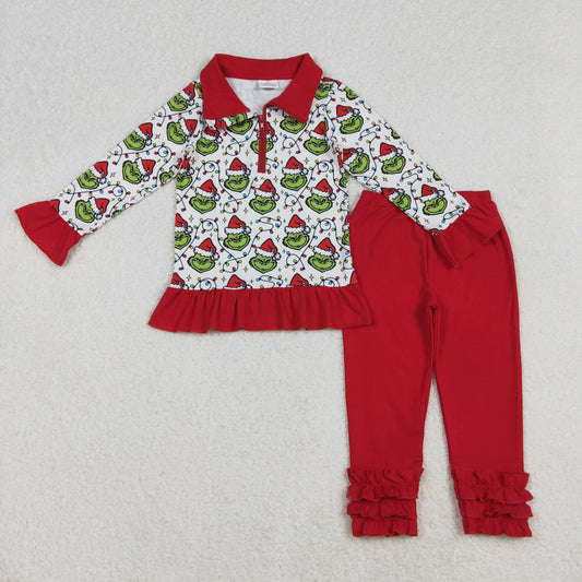 GLP2714-XS-3XL Christmas Grinch Red Ruffle Long Sleeve Pants Girls Set 202510 RTS