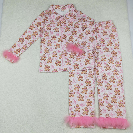 GLP2716 Adult Female Christmas Gingerbread Man Bows Pink Plush Long Sleeve Pants Pajamas Sets 202510 RTS