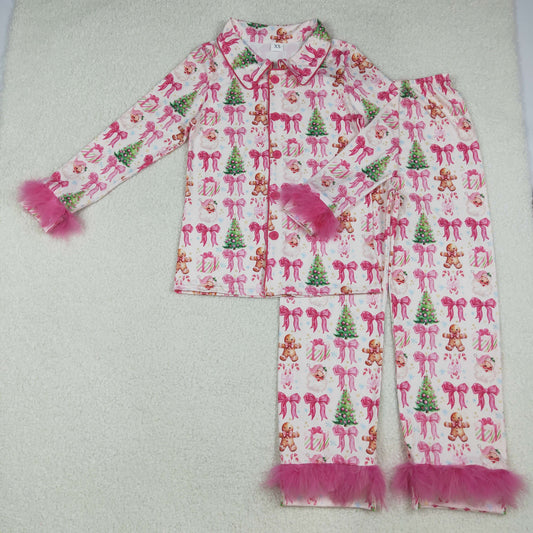 GLP2717 Adult Female Christmas Gingerbread Man Tree Bows Rose Red Plush Long Sleeve Pants Pajamas Sets 202509 RTS