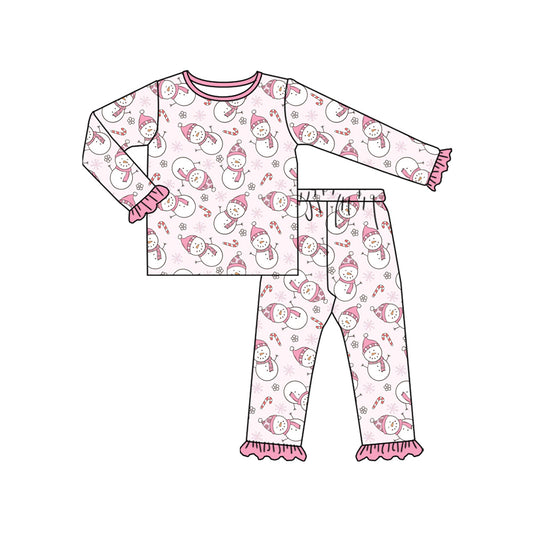 Preorder GLP2719 Christmas Snowman Pink Ruffle Long Sleeve Pants Girls Pajamas Set 202508