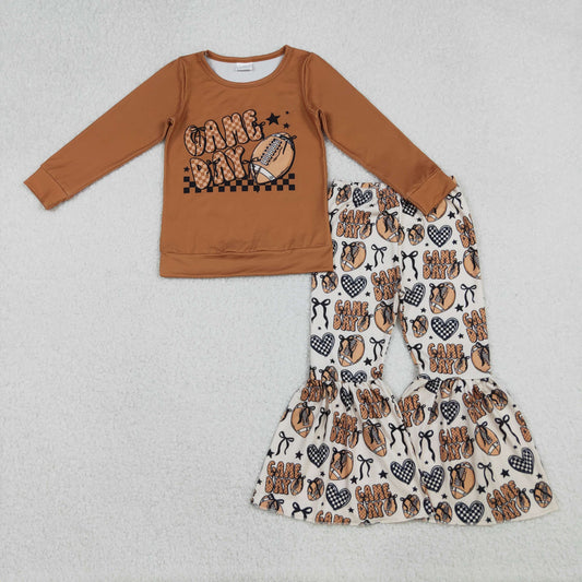 GLP2721 Rugby Bows Brown Long Sleeve Bell Bottom Pants Girls Set 202510 RTS