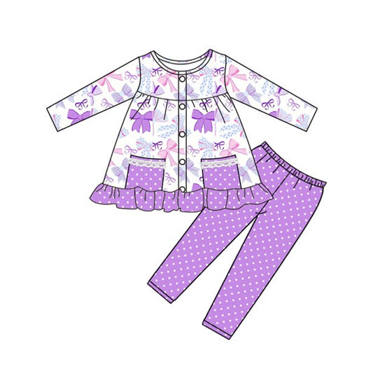 Preorder GLP2722 Bows Dots Pocket Purple Ruffle Long Sleeve Pants Girls Set 202508