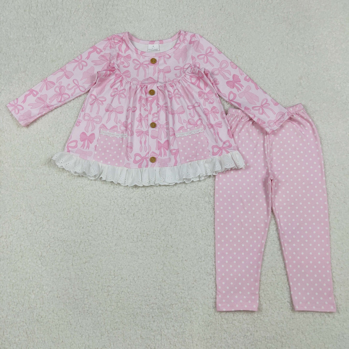 GLP2723 Bows Pocket Pink Lace Ruffle Long Sleeve Pants Girls Set 202510 RTS