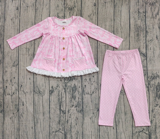 GLP2723 Bows Pocket Pink Lace Ruffle Long Sleeve Pants Girls Set 202510 RTS