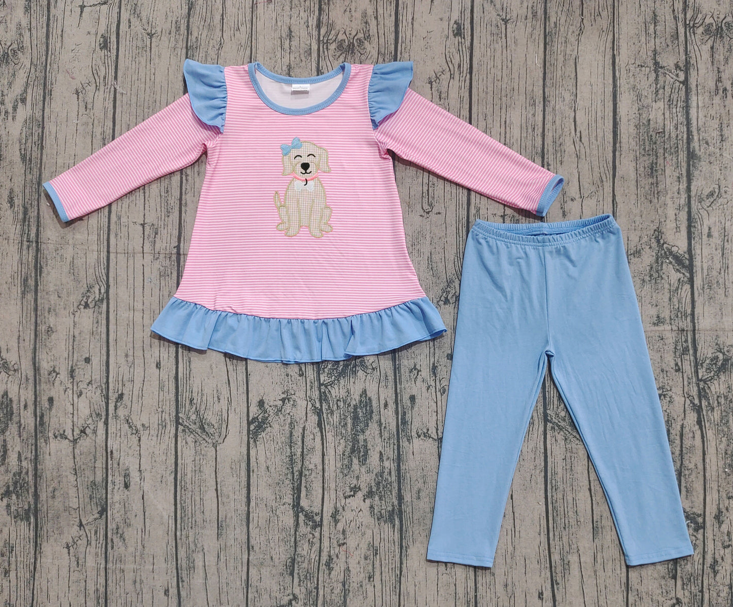 GLP2725 Embroidered Cute Puppy Blue Ruffle Pink Stripe Long Sleeve Pants Girls Set 202509 RTS