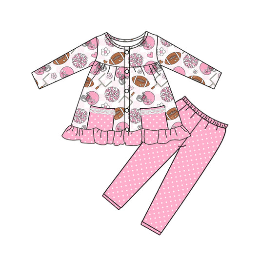Preorder GLP2726 GO Team Rugby Pattern Lace Pocket Pink Ruffle Long Sleeve Pants Girls Set 202508