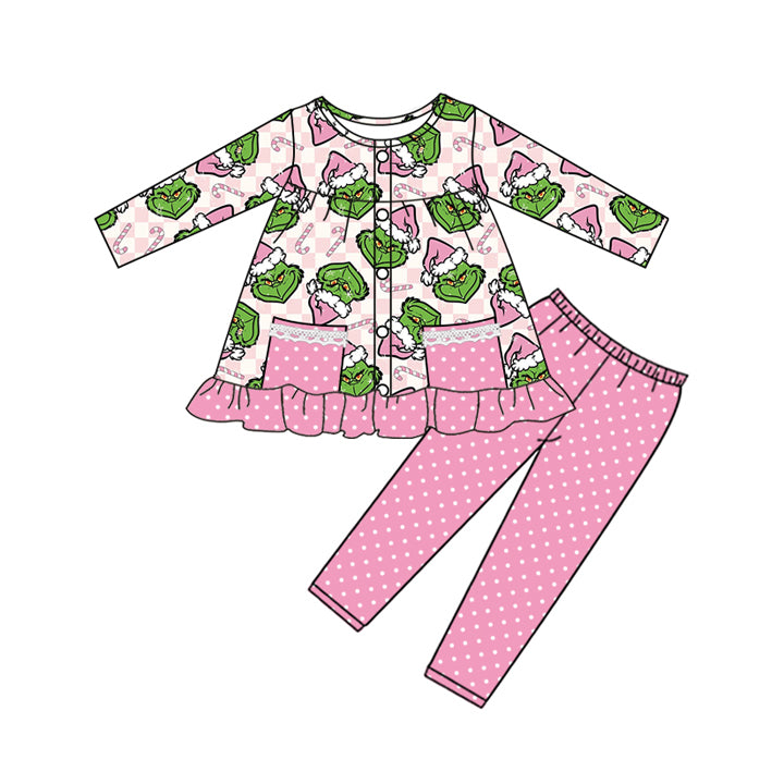 Preorder GLP2727 Christmas Grinch Lace Pocket Pink Ruffle Long Sleeve Pants Girls Set 202508