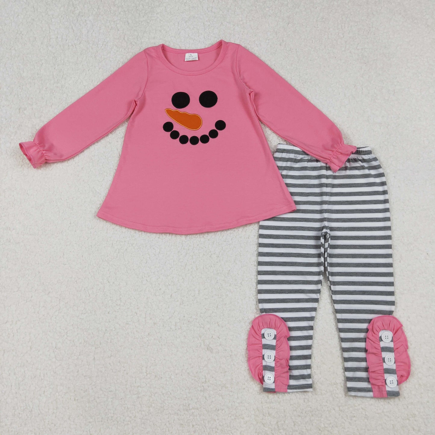GLP2728 Embroidered Christmas Snowman Smile Face Pink Long Sleeve Stripe Pants Girls Set 202510 RTS