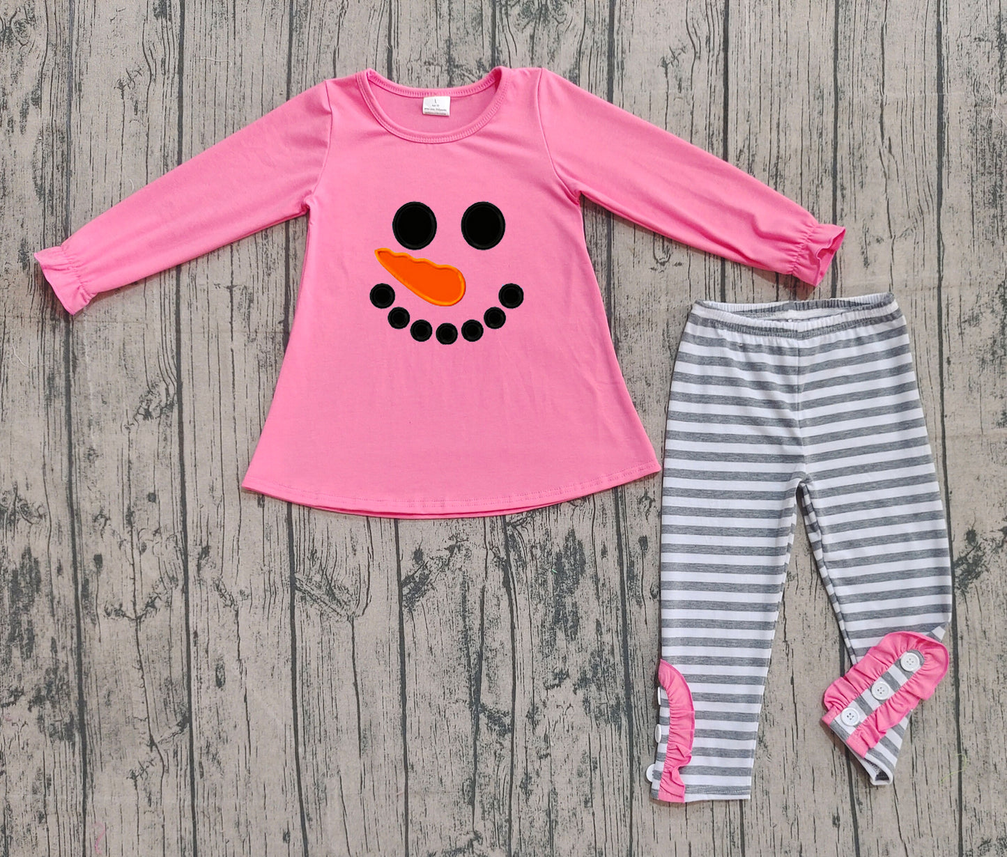 NO MOQ Preorder GLP2728 Embroidered Christmas Snowman Smile Face Pink Long Sleeve Stripe Pants Girls Set 202508