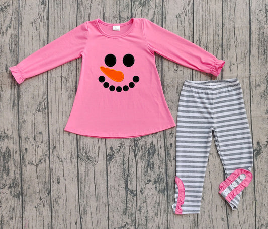 GLP2728 Embroidered Christmas Snowman Smile Face Pink Long Sleeve Stripe Pants Girls Set 202510 RTS