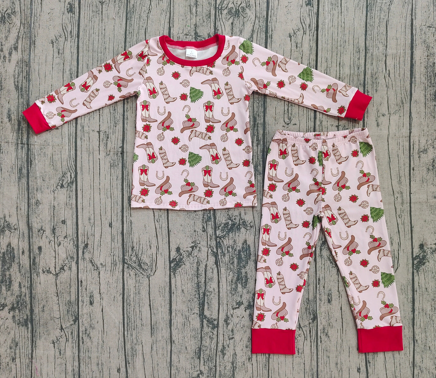 NO MOQ Preorder GLP2729 Christmas Santa Tree Boots Hat Pink Long Sleeve Pants Girls Set 202508