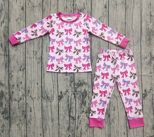 GLP2730 Bows Pattern Rose Red Long Sleeve Pants Girls Set 202509 RTS