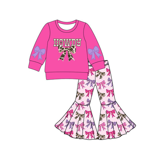 Preorder GLP2731 Howdy Bows Pattern Rose Red Long Sleeve Bell Bottom Pants Girls Set 202508