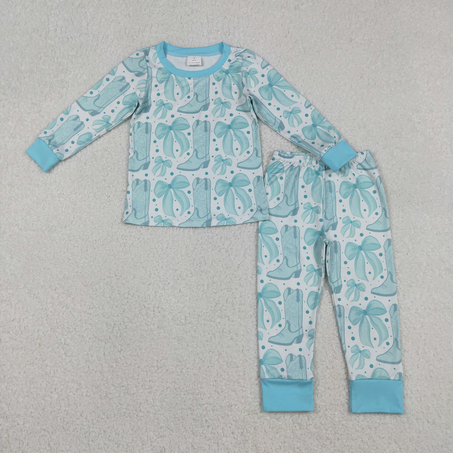 GLP2732 Bows Boots Mint Blue Long Sleeve Pants Girls Pajamas Set 202512 RTS