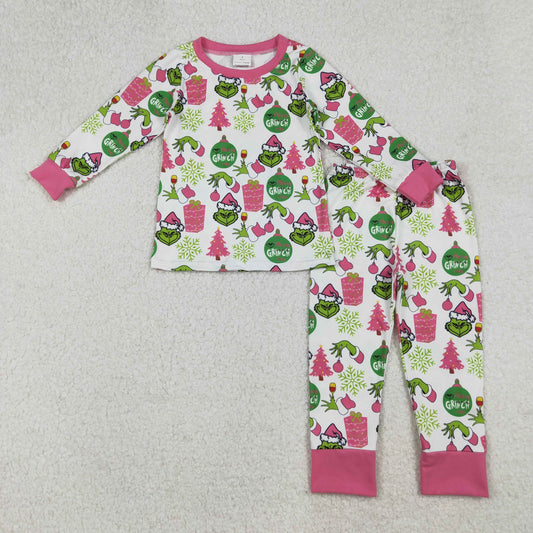 GLP2733 Christmas Grinch Rose Red Long Sleeve Pants Girls Pajamas Set 202509 RTS