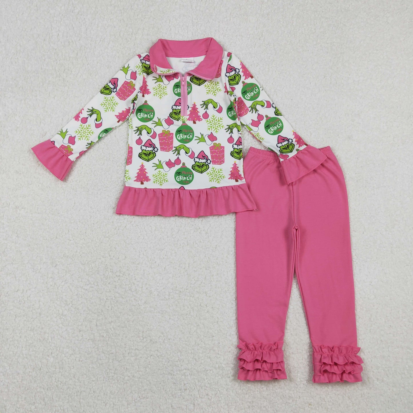 GLP2734 Christmas Grinch Zipper Collar Rose Red Long Sleeve Pants Girls Set 202511 RTS