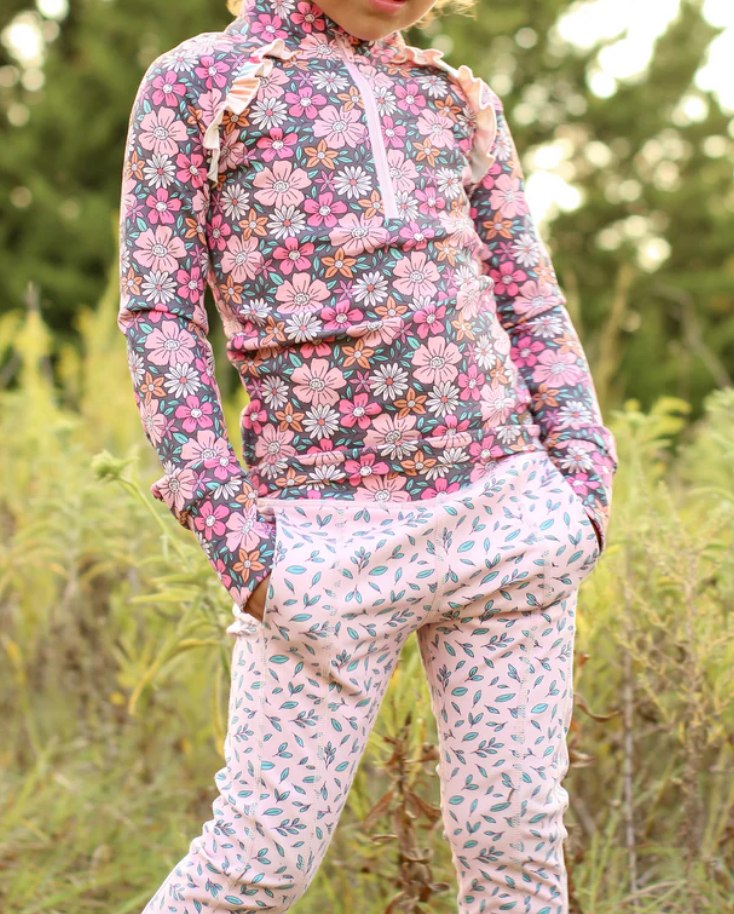 preorder GLP2735 Floral Leaf Pink Long Sleeve Pants Girls Yoga Sets 202508
