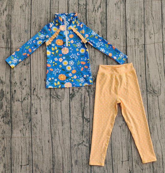 NO MOQ preorder GLP2736 Flower Blue Long Sleeve Orange Dots Pants Girls Yoga Sets 202511