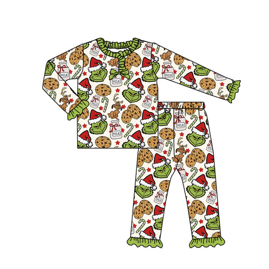 Preorder GLP2740 Christmas Grinch Green Ruffle Long Sleeve Pants Girls Pajamas Set 202508