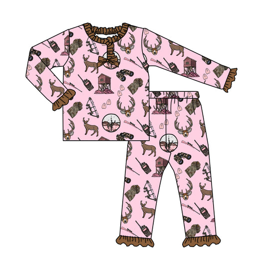 Preorder GLP2741 Hunting Clothes Brown Ruffle Pink Long Sleeve Pants Girls Pajamas Set 202508