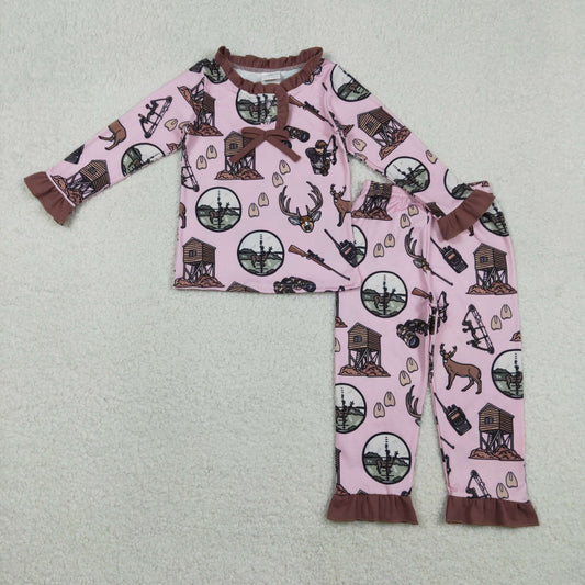 GLP2741 Hunting Clothes Brown Ruffle Pink Long Sleeve Pants Girls Pajamas Set 202511 RTS