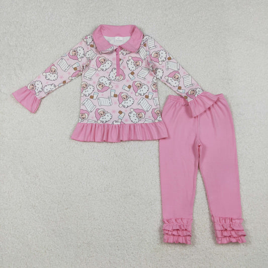 GLP2750-XS-3XL Christmas Santa Claus Zip up Collar Pink Ruffle Long Sleeve Pants Girls Set 202510 RTS