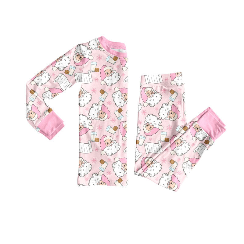Preorder GLP2751 Christmas Santa Claus Pink Ruffle Long Sleeve Pants Girls Pajamas Set 202508