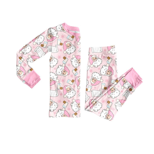 Preorder GLP2751 Christmas Santa Claus Pink Ruffle Long Sleeve Pants Girls Pajamas Set 202508