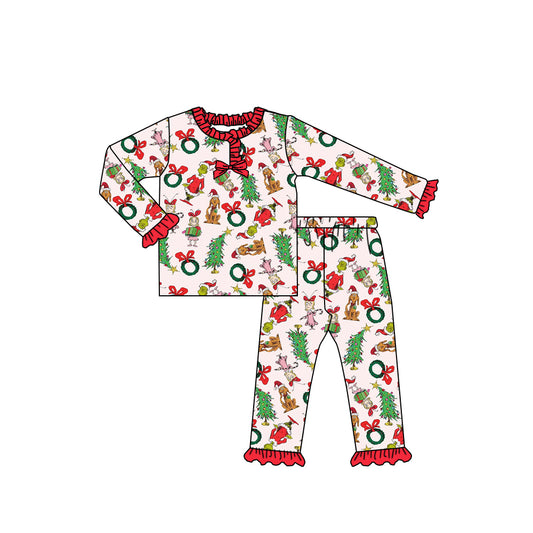 Preorder GLP2752 Christmas Grinch Red Ruffle Long Sleeve Pants Girls Pajamas Set 202508