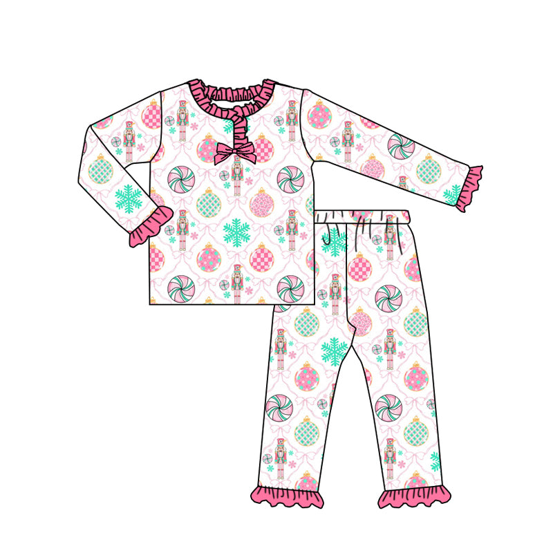 Preorder GLP2769 Christmas Nutcracker Lollipop Bow Rose Red Ruffle Long Sleeve Pants Girls Pajamas Set 202508